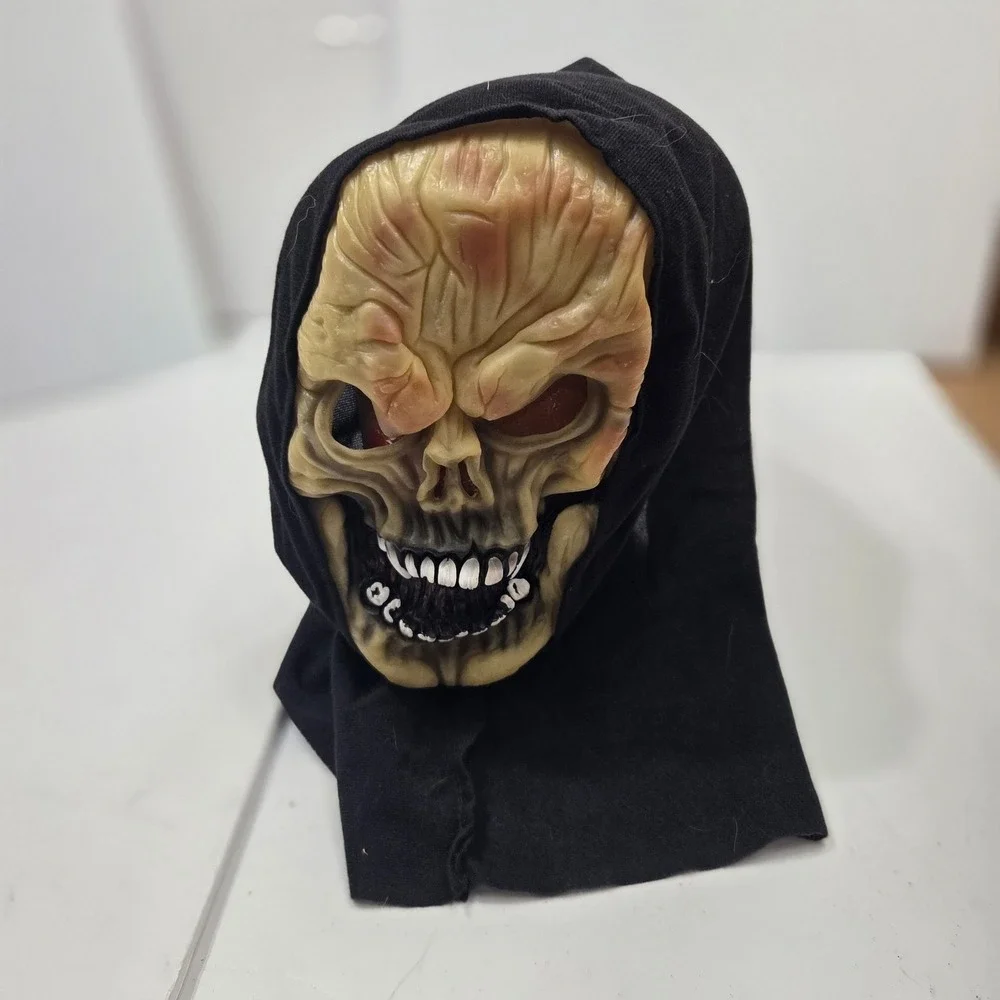 Vintage 4 Seasons Hooded Skeleton Skull Halloween Mask 90s Grim Reaper Vinyl...